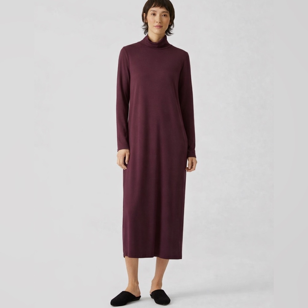 Eileen Fisher Fine Jersey Scrunch Neck Dress Burgundy Maxi Slim Fit Size S/P